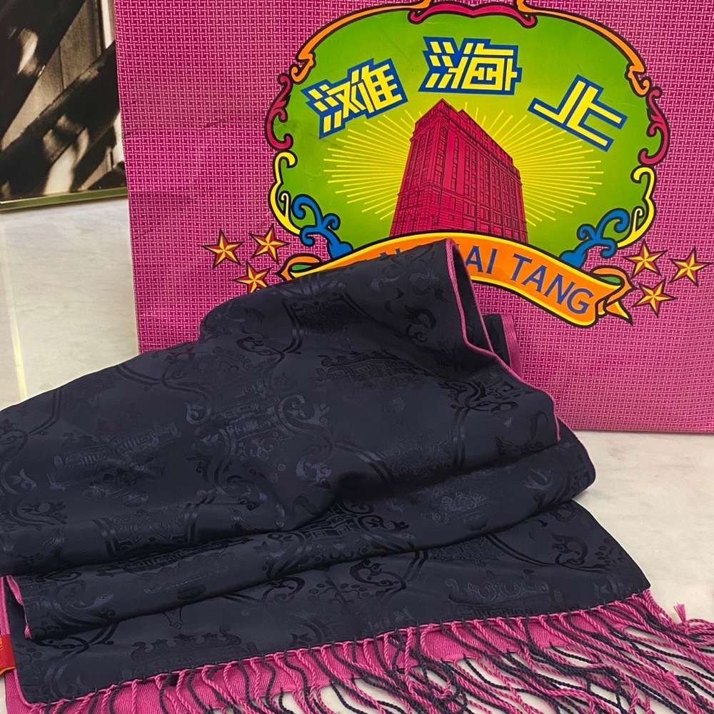 Shanghai Tang pink/navy silk scarf